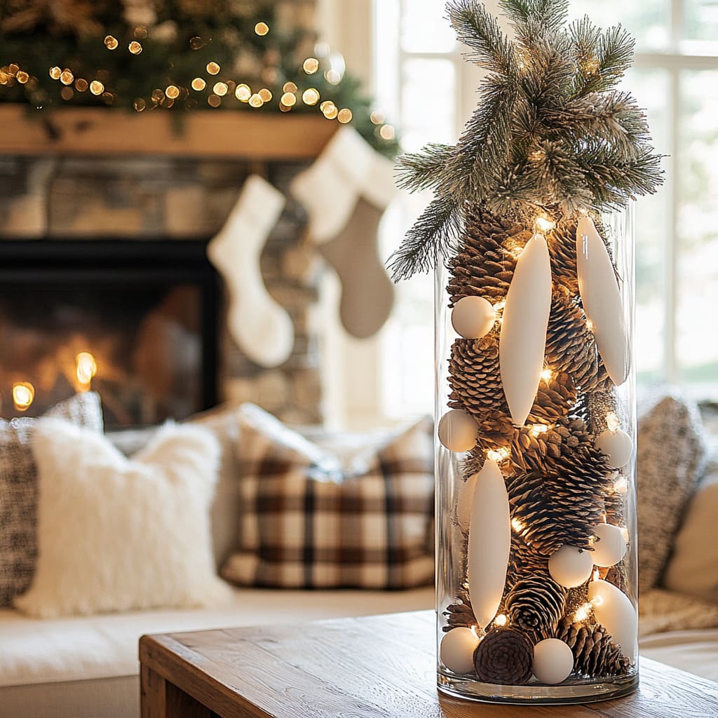 Cozy Tabletop Vignette with Pinecone and Light-Filled Vase Cozy Tabletop Vignette with Pinecone and Light-Filled Vase — Christmas Light Display Ideas