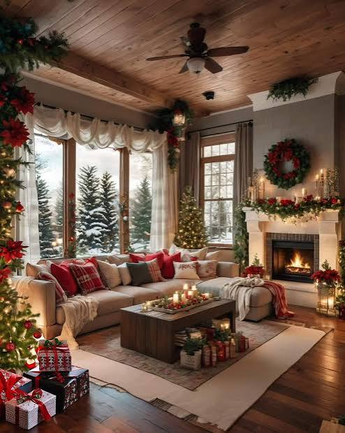 Large Sectional Sofa and Roaring Fireplace for Christmas Large Sectional Sofa and Roaring Fireplace for Christmas — Cozy Christmas Living Room