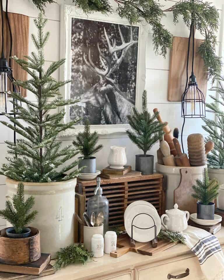 Farmhouse Shelf Display with Vintage Crocks and Faux Evergreen Trees — Winter Decor After Christmas