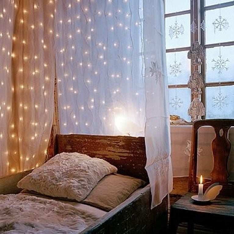 Cozy Bedroom Corner with Rustic Headboard and Draped Fairy Lights — Christmas Fairy Lights Headboard