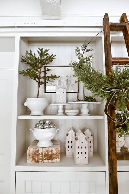 Minimalist Shelf with White Ceramic Houses and Trees — Christmas Shelf Decor