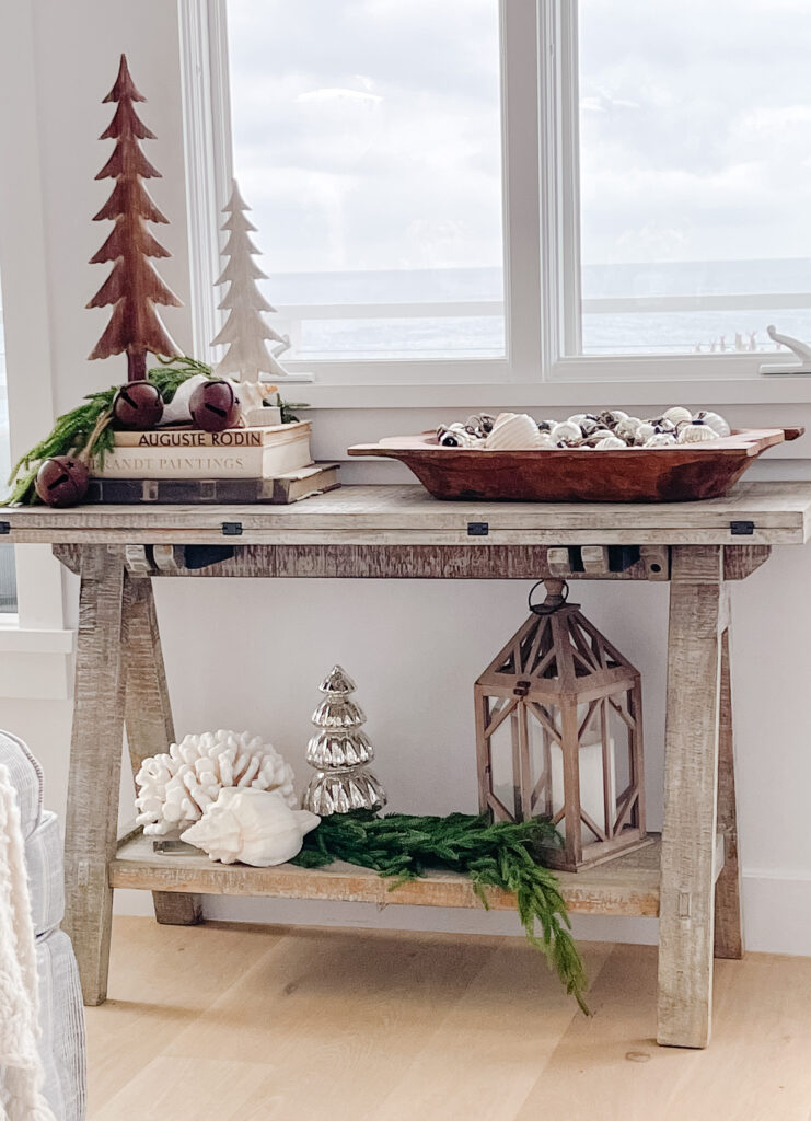 Coastal Console Table with Wooden Trees and Pine Garland Coastal Console Table with Wooden Trees and Pine Garland — Simple Christmas Decor