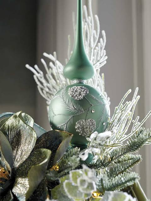 Ornate Sage Green Glass Tree Topper — Sage Green Christmas Decor