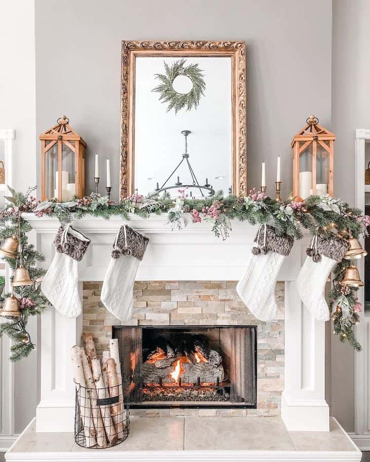 Farmhouse Mantel with Brass Lanterns and Lush Pine Garland — Christmas Mantel Decor