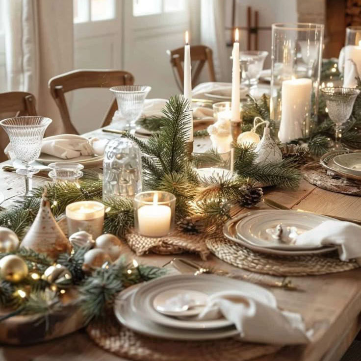 Layered Place Settings with Abundant Natural Greenery and Warm Lighting Layered Place Settings with Abundant Natural Greenery and Warm Lighting — Elegant Christmas Table Setting