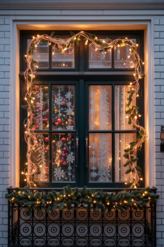 Heart-Shaped Fairy Light Garland Framing an Outdoor Window — Christmas Window Decor Outdoor