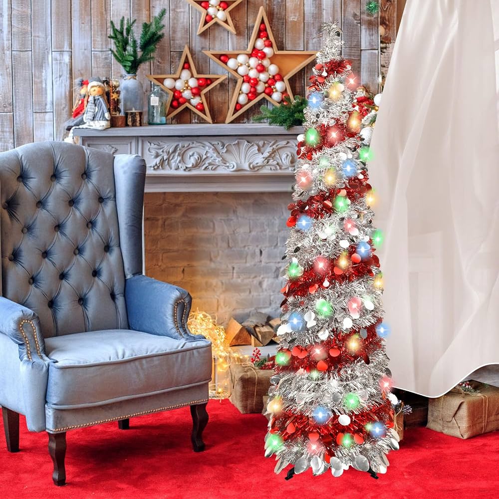 Sparkling Pop-Up Tinsel Slim Tree for Small Spaces — Slim Christmas Tree Decor
