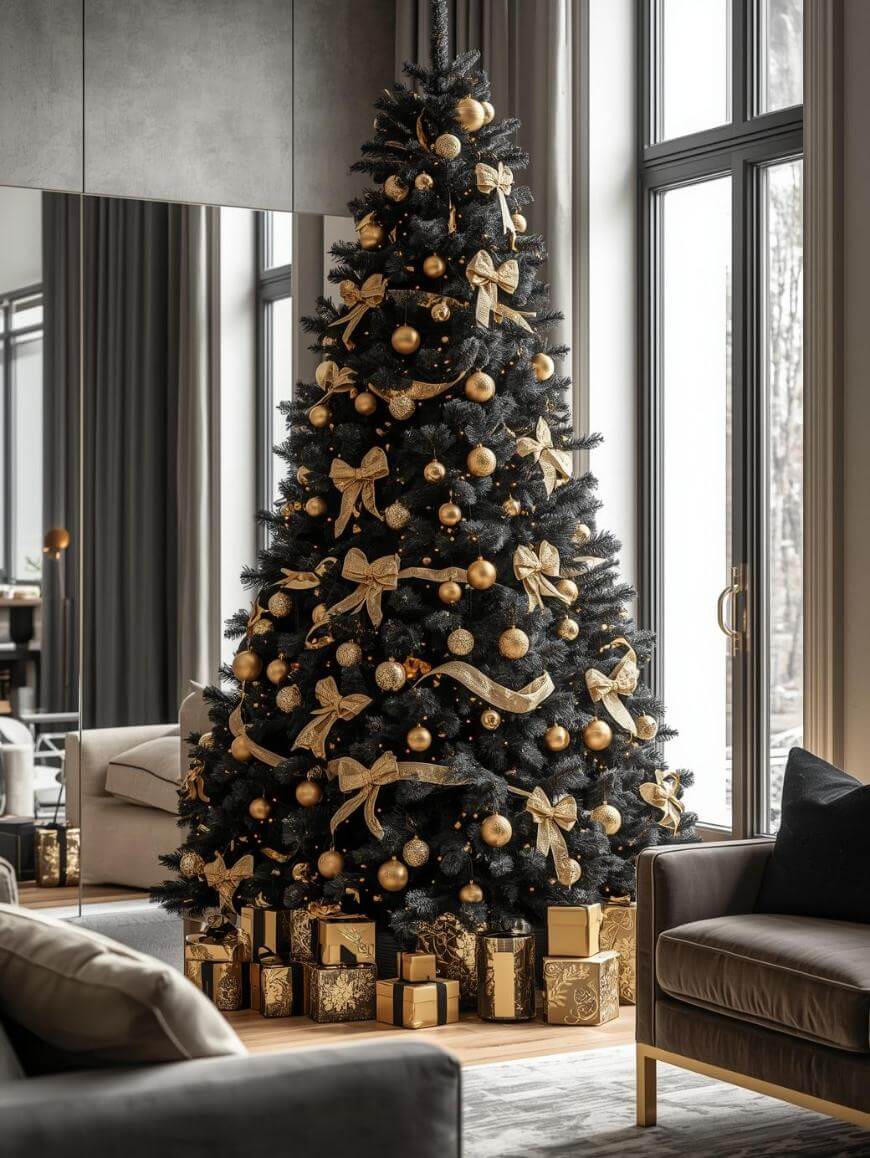 Living Room Striking Black Christmas Tree with Abundant Gold Ribbon Living Room Striking Black Christmas Tree with Abundant Gold Ribbon — Black and Gold Christmas Tree