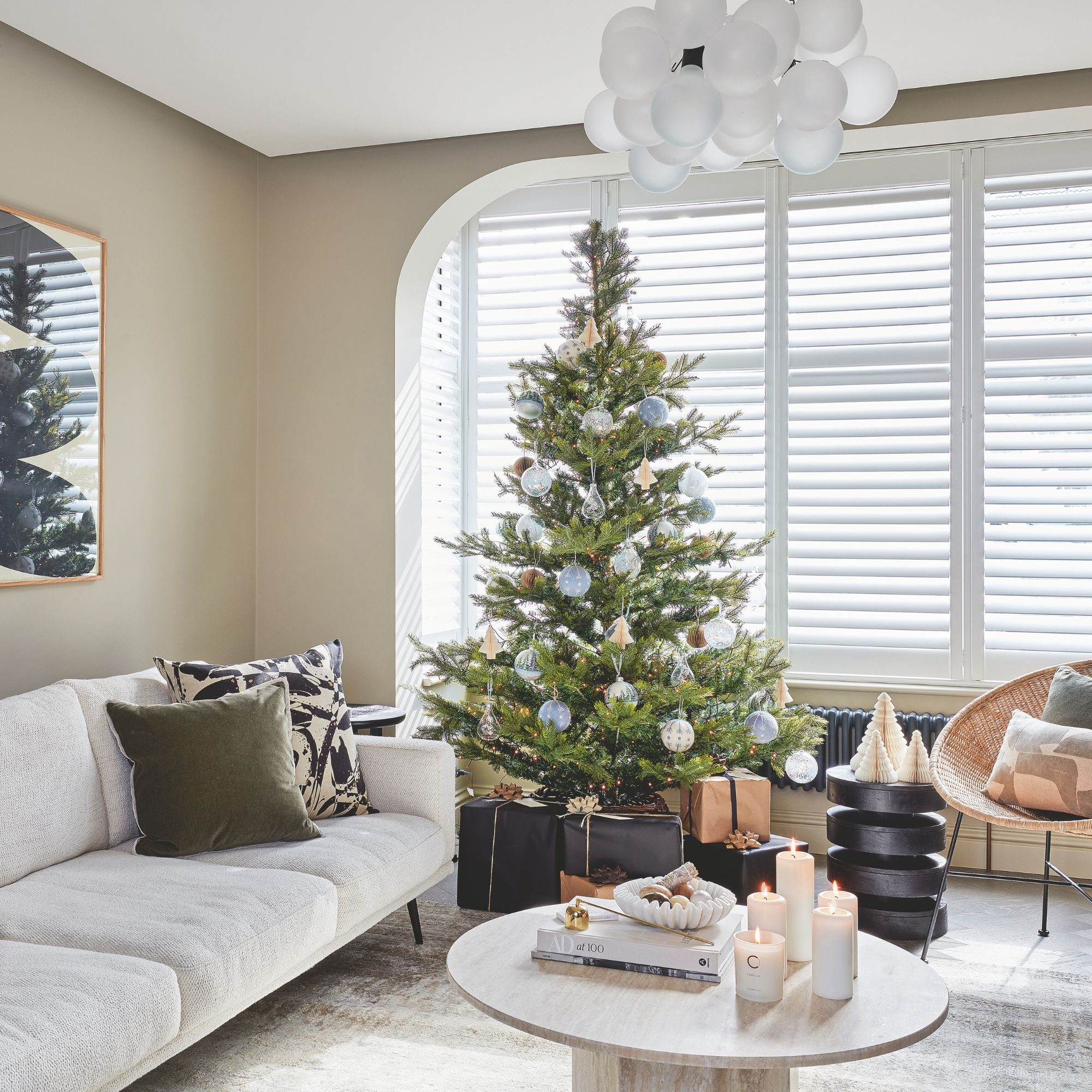 Modern Neutral Christmas Tree with Blue and Star Ornaments