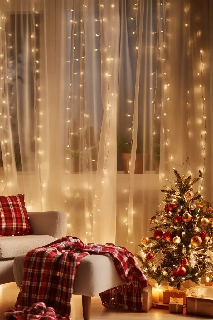 Cascading Fairy Lights Illuminate Sheer Curtains in a Cozy Corner — Christmas Lights Indoor