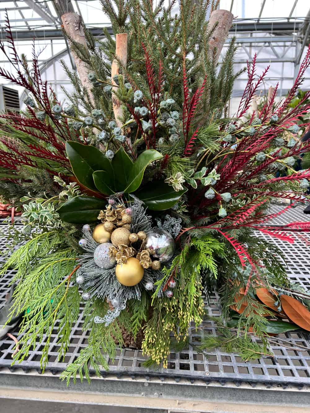 Vertical Christmas Planter with Metallic Ornaments and Berries Vertical Christmas Planter with Metallic Ornaments and Berries — Christmas Porch Planters