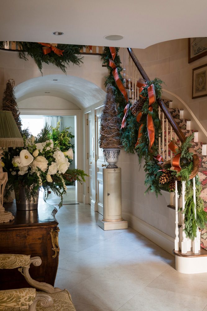 Lush Garland with Burnt Orange Ribbon and Berries Lush Garland with Burnt Orange Ribbon and Berries — Christmas Stair Garland