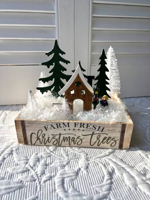 Rustic Christmas Tree Farm Scene in a Wooden Crate — Dollar Tree Christmas Decor