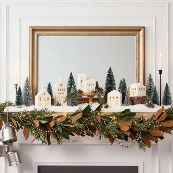 Traditional Village Scene Reflected in a Mirrored Mantel — Christmas Village Display