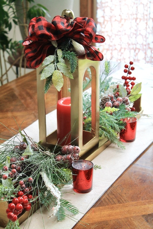 Rustic Lantern with Buffalo Check Ribbon — Christmas Centerpiece