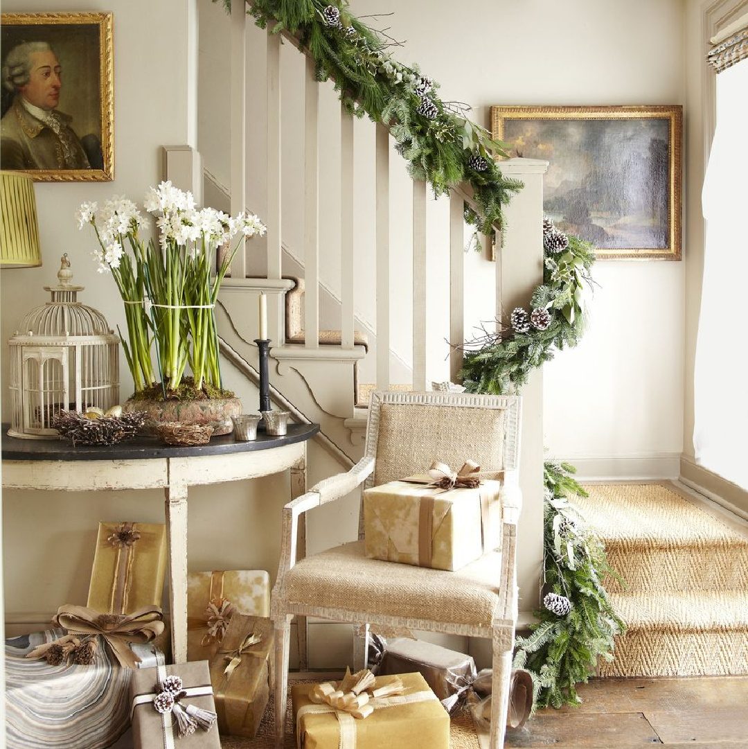 Simple Pine Garland with Pinecones on a Staircase Railing Simple Pine Garland with Pinecones on a Staircase Railing — Christmas Garland