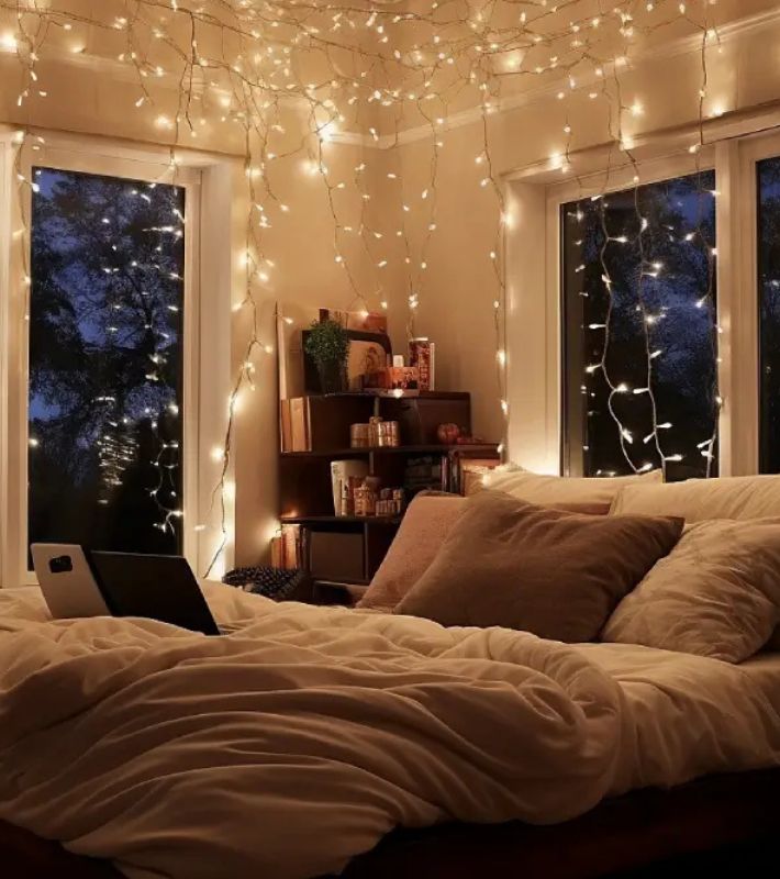 Cozy Bedroom with Cascading Fairy Lights Over the Bed Cozy Bedroom with Cascading Fairy Lights Over the Bed — Christmas Fairy Lights Ceiling