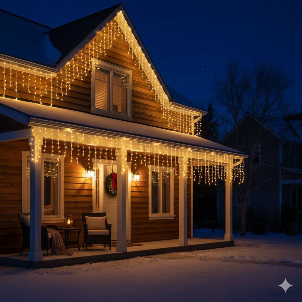 Cozy Icicle Lights on a Wooden House with Snow — Icicle Christmas Lights