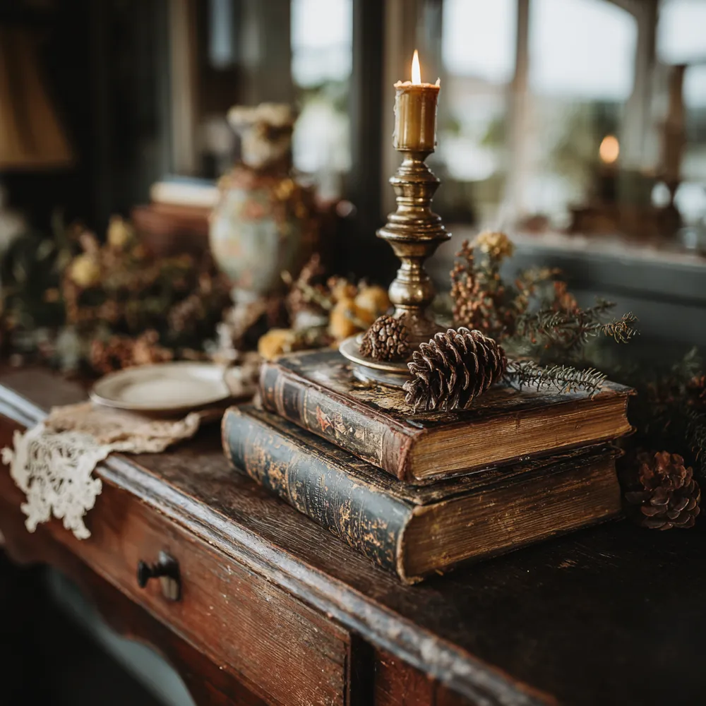 Vintage Console Table Vignette with Books and Candle Vintage Console Table Vignette with Books and Candle — Aesthetic Christmas Decor