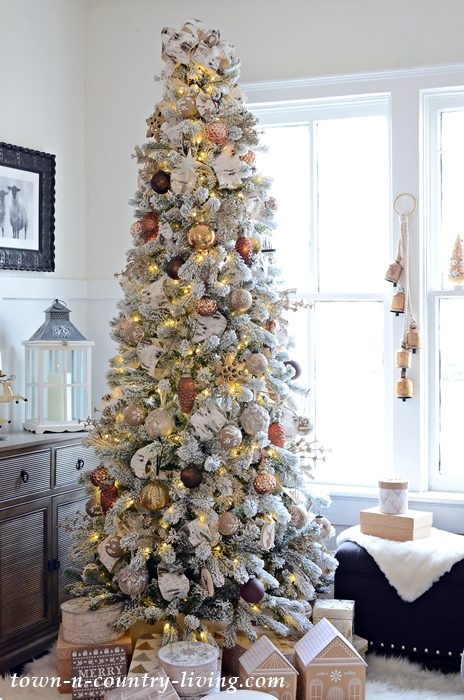 Living Room Traditional Flocked Christmas Tree with Bronze and Gold Accents — Neutral Christmas Tree