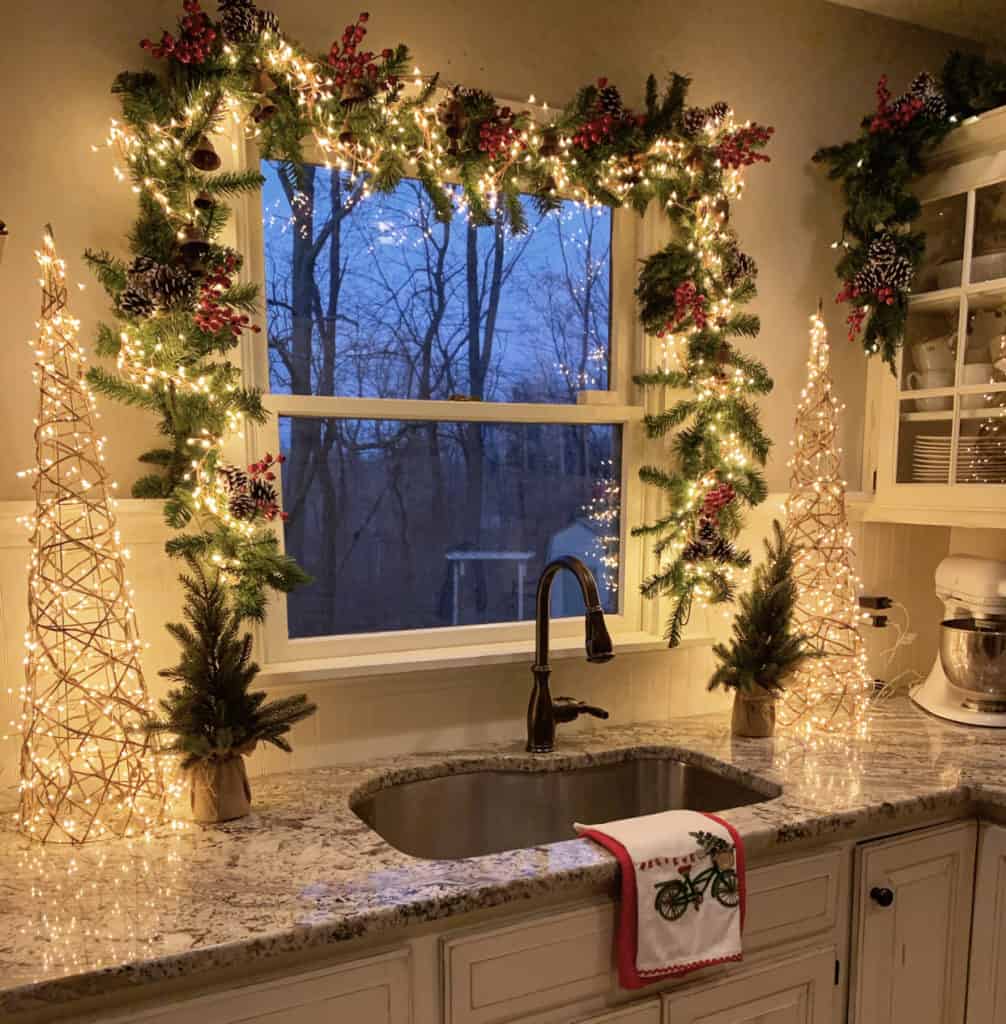 Christmas Garland Lights Frame a Kitchen Window — Christmas Lights Indoor