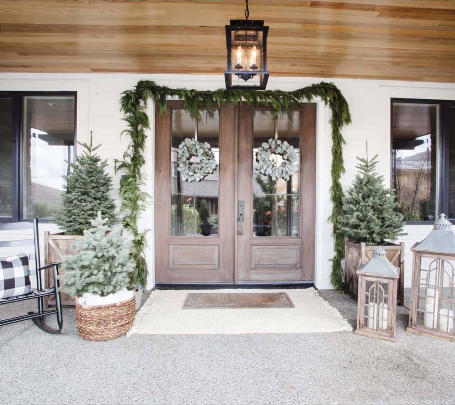 Spacious Farmhouse Porch with Double Doors and Potted Trees — Farmhouse Christmas Porch