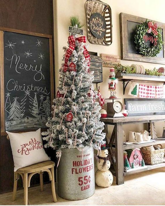 Flocked Farmhouse Christmas Tree in Galvanized Bucket — Vintage Christmas Tree