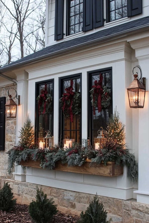 Rustic Window Box with Evergreen Branches and Mini Trees — Christmas House Exterior Decor