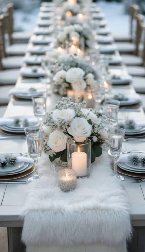 Faux Fur Runner and Silver Accents for a Luxurious Winter Table Faux Fur Runner and Silver Accents for a Luxurious Winter Table — Elegant Christmas Table Setting