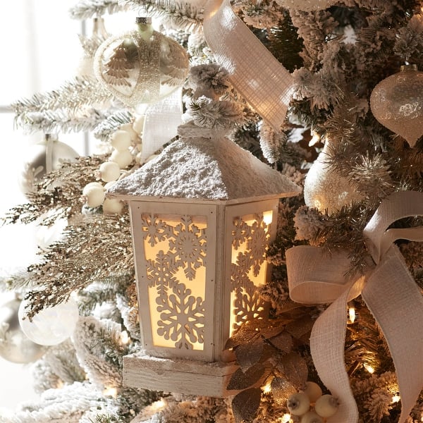 Snow-Covered Wooden Lantern with Snowflake Cutouts — Christmas Lantern Lights