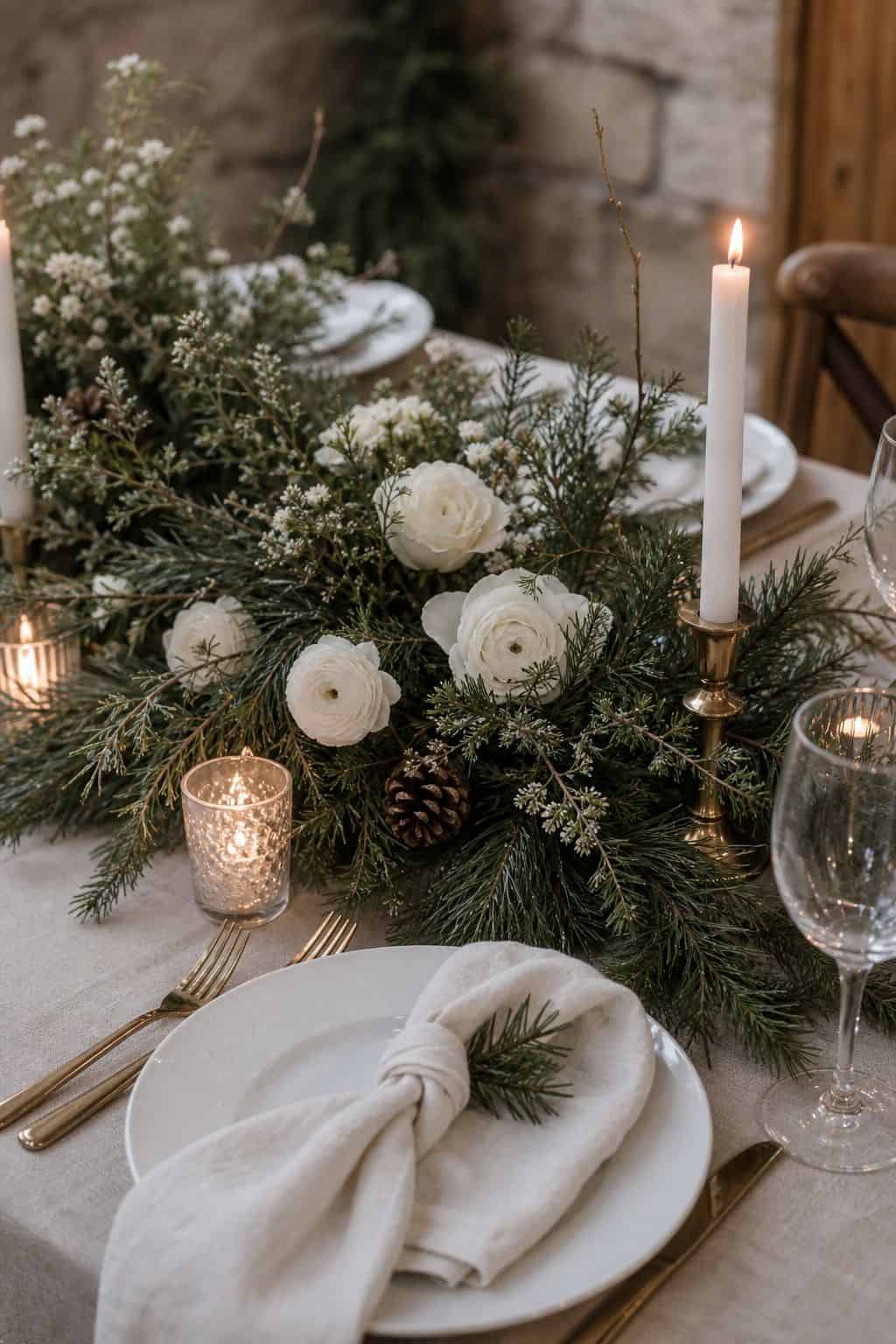 Rustic Elegant Tablescape with Pine and Cedar Centerpiece Rustic Elegant Tablescape with Pine and Cedar Centerpiece — Christmas Wedding Decor
