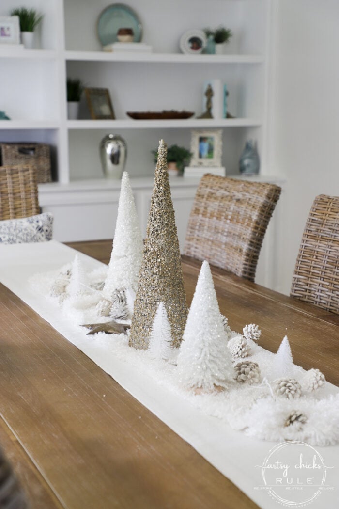 Farmhouse Dining Table with Miniature White Glitter Trees Farmhouse Dining Table with Miniature White Glitter Trees — White Christmas Decor