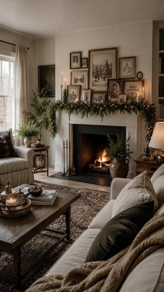 Fireplace Mantel Decor with Garland and Framed Art Fireplace Mantel Decor with Garland and Framed Art — Cozy Christmas Living Room