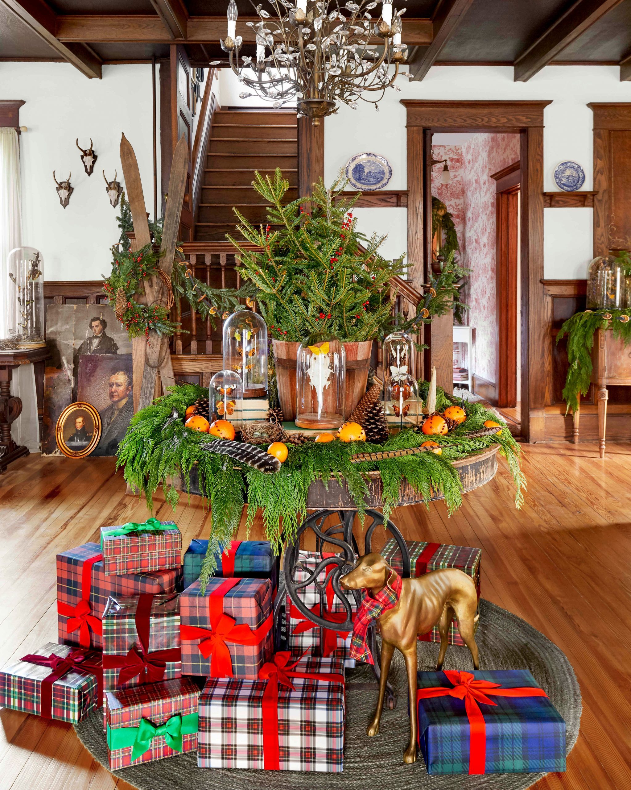 Entryway Vignette with Evergreen Display and Plaid Gifts Entryway Vignette with Evergreen Display and Plaid Gifts — Rustic Christmas Decor