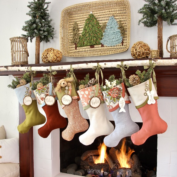 Colorful Stockings on a Rustic Wooden Mantel — Christmas Stockings Display