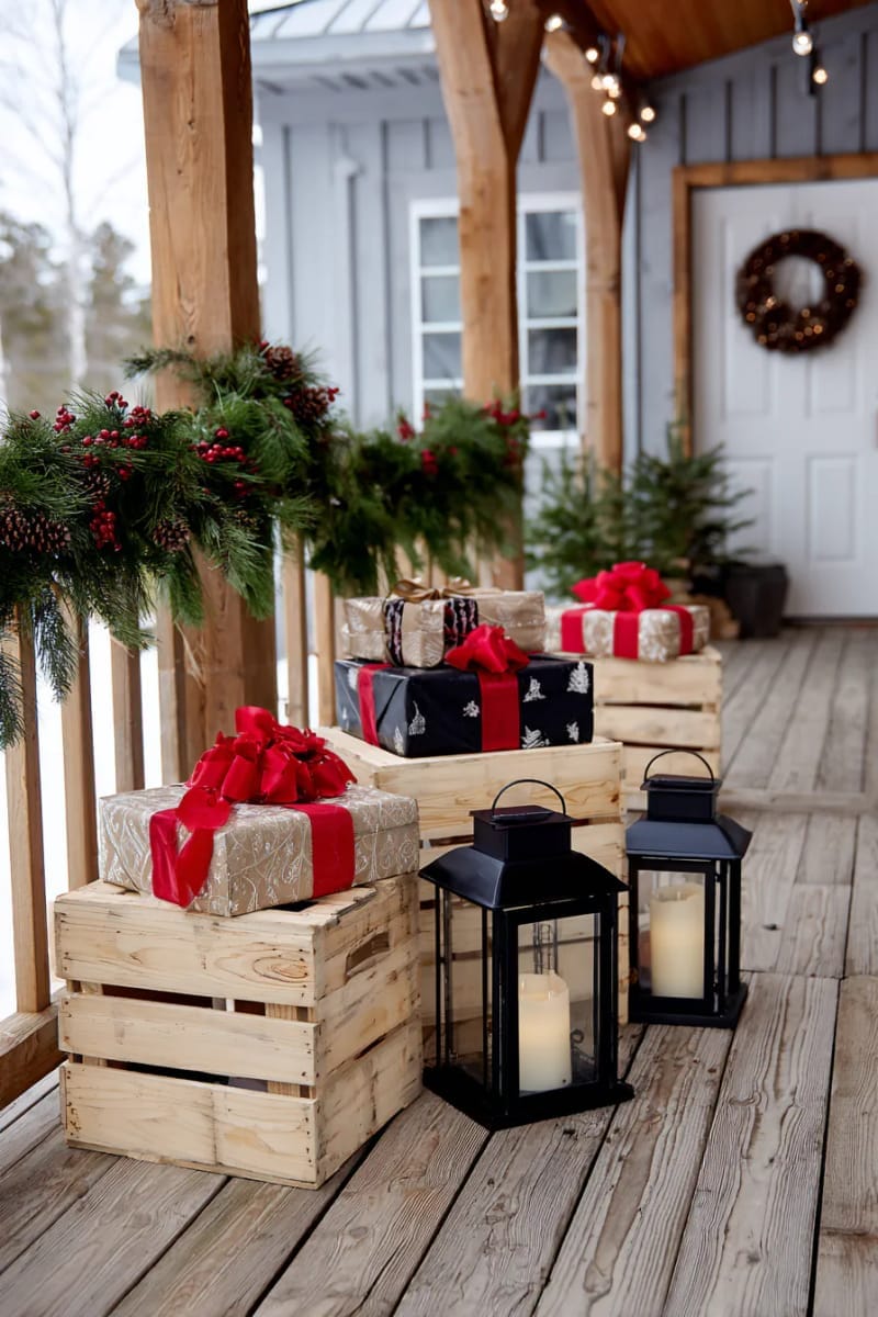 Stacked Wooden Crates with Black Lanterns and Wrapped Gifts — Christmas Porch Lanterns
