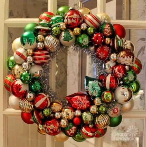Vintage Ornament Wreath with a Mix of Shiny and Patterned Baubles