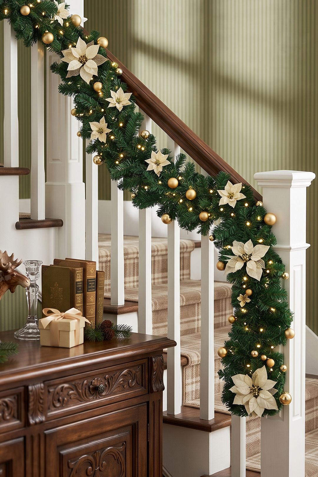 Traditional Garland with Poinsettias and Baubles Traditional Garland with Poinsettias and Baubles — Christmas Stair Garland