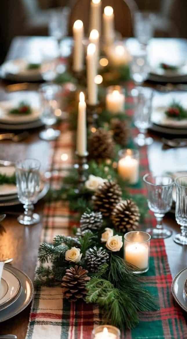 Festive Plaid Runner with Natural Elements and Taper Candles Festive Plaid Runner with Natural Elements and Taper Candles — Christmas Wedding Centerpiece