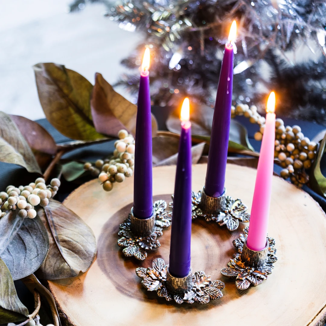 Eclectic Advent Wreath with Colored Candles on Wood Slice Eclectic Advent Wreath with Colored Candles on Wood Slice