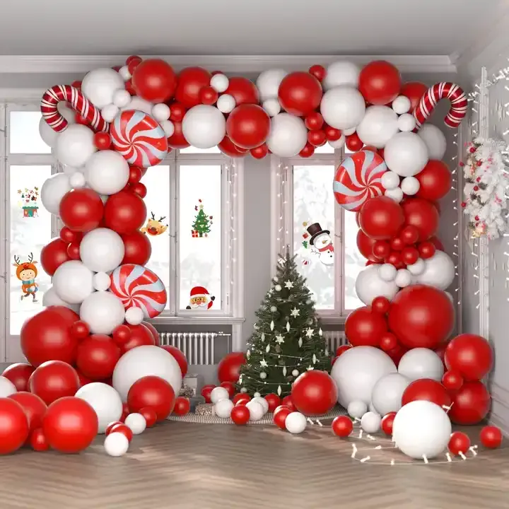 Red and White Balloon Arch Framing Festive Windows — Christmas Balloon Garland