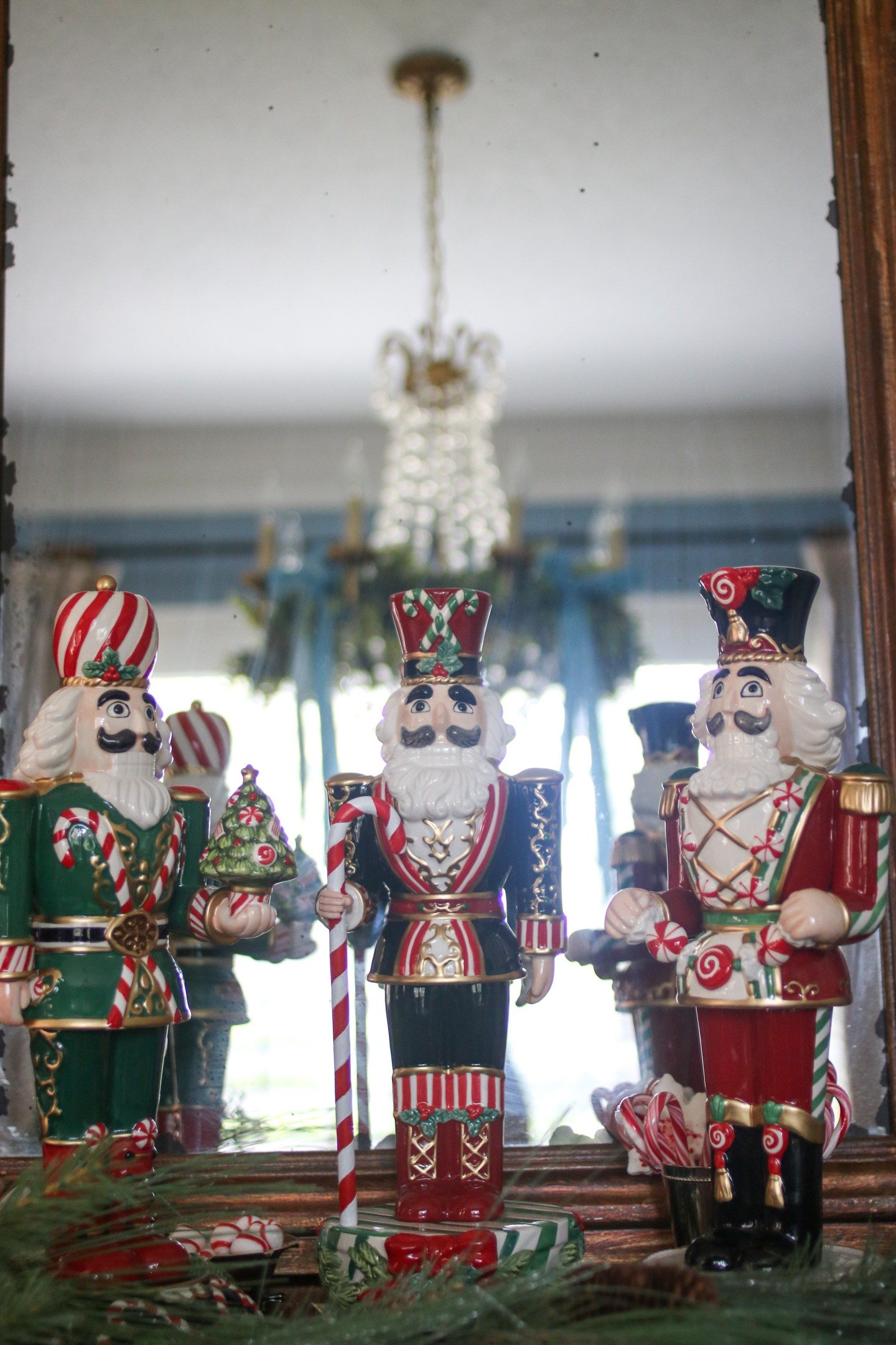 Ornate Nutcrackers with Festive Accents on Mantel — Nutcracker Display