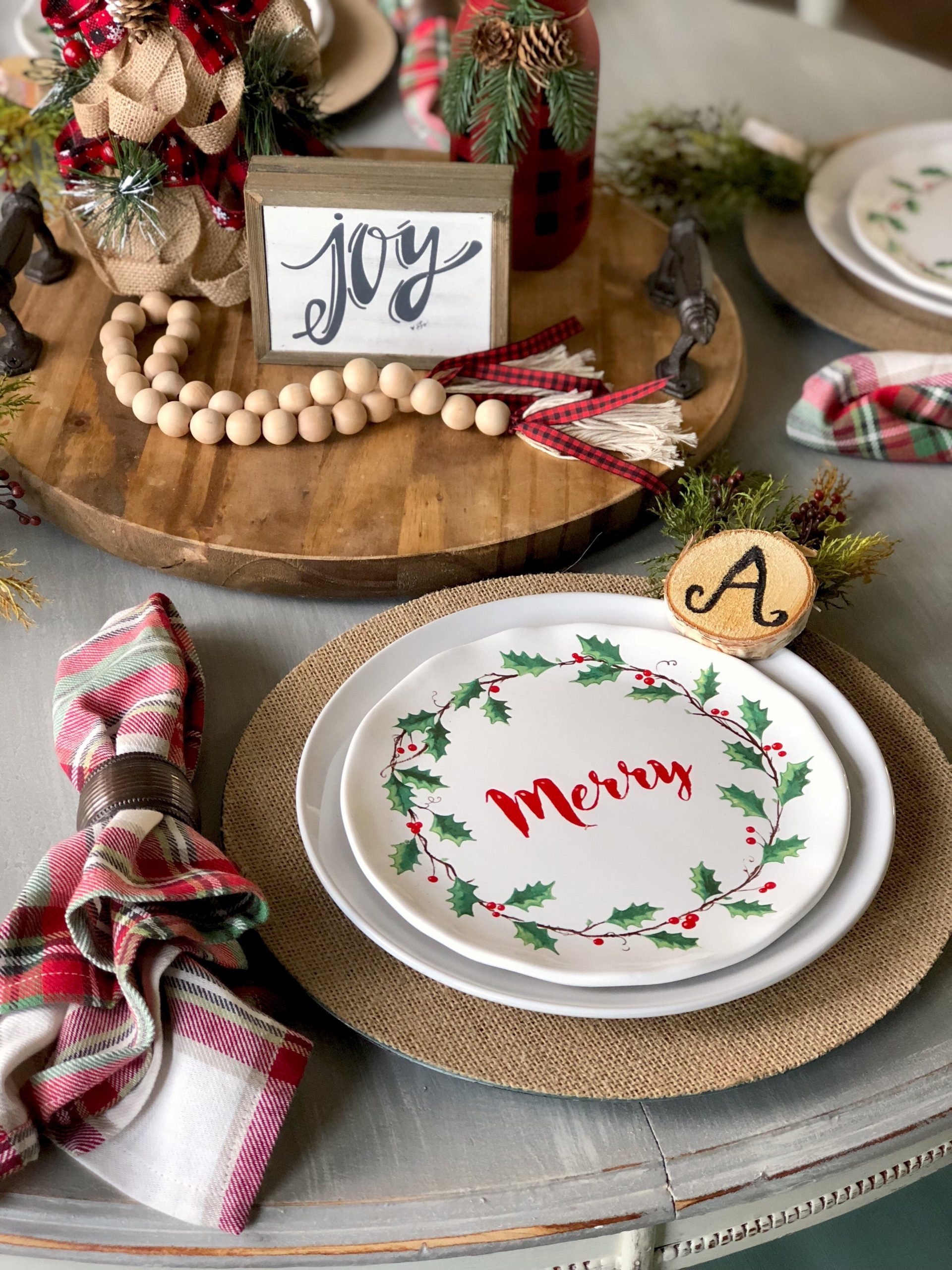 Farmhouse Christmas Table with Holly 'Merry' Plate — Christmas Table Setting