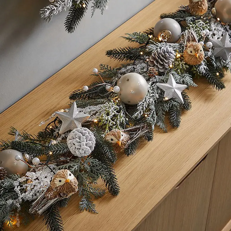 Whimsical Garland with Flocked Branches and Owl Figures Whimsical Garland with Flocked Branches and Owl Figures — Christmas Garland