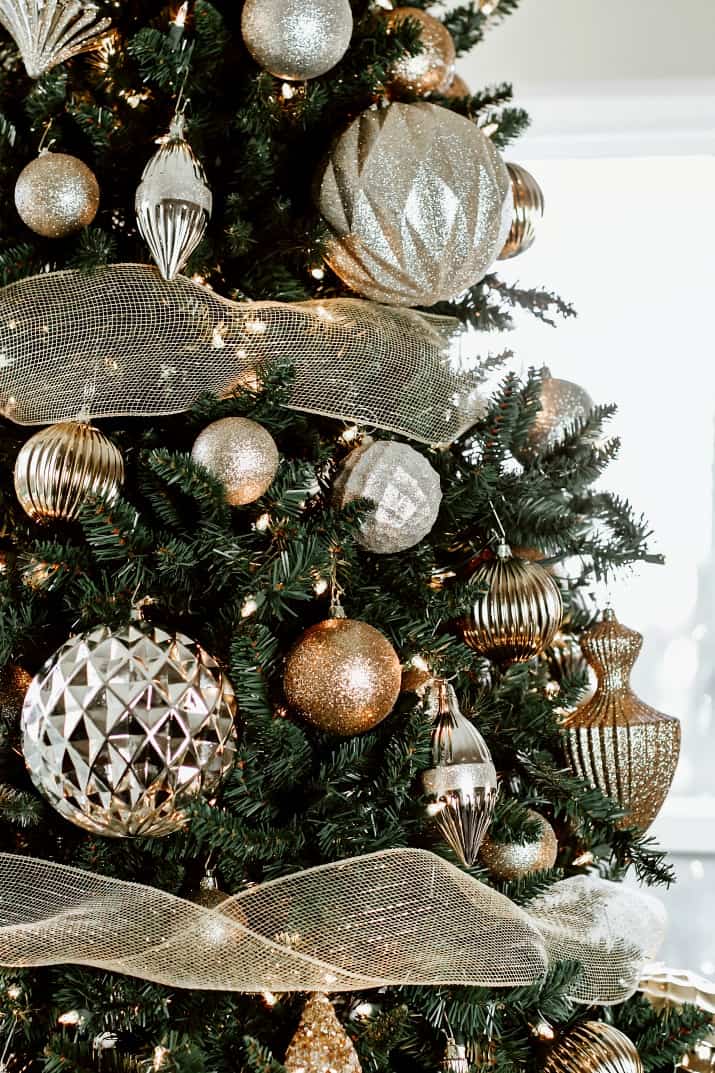 Glamorous Christmas Tree with Glittering Gold and Silver Ornaments Glamorous Christmas Tree with Glittering Gold and Silver Ornaments — Ornament Christmas Tree