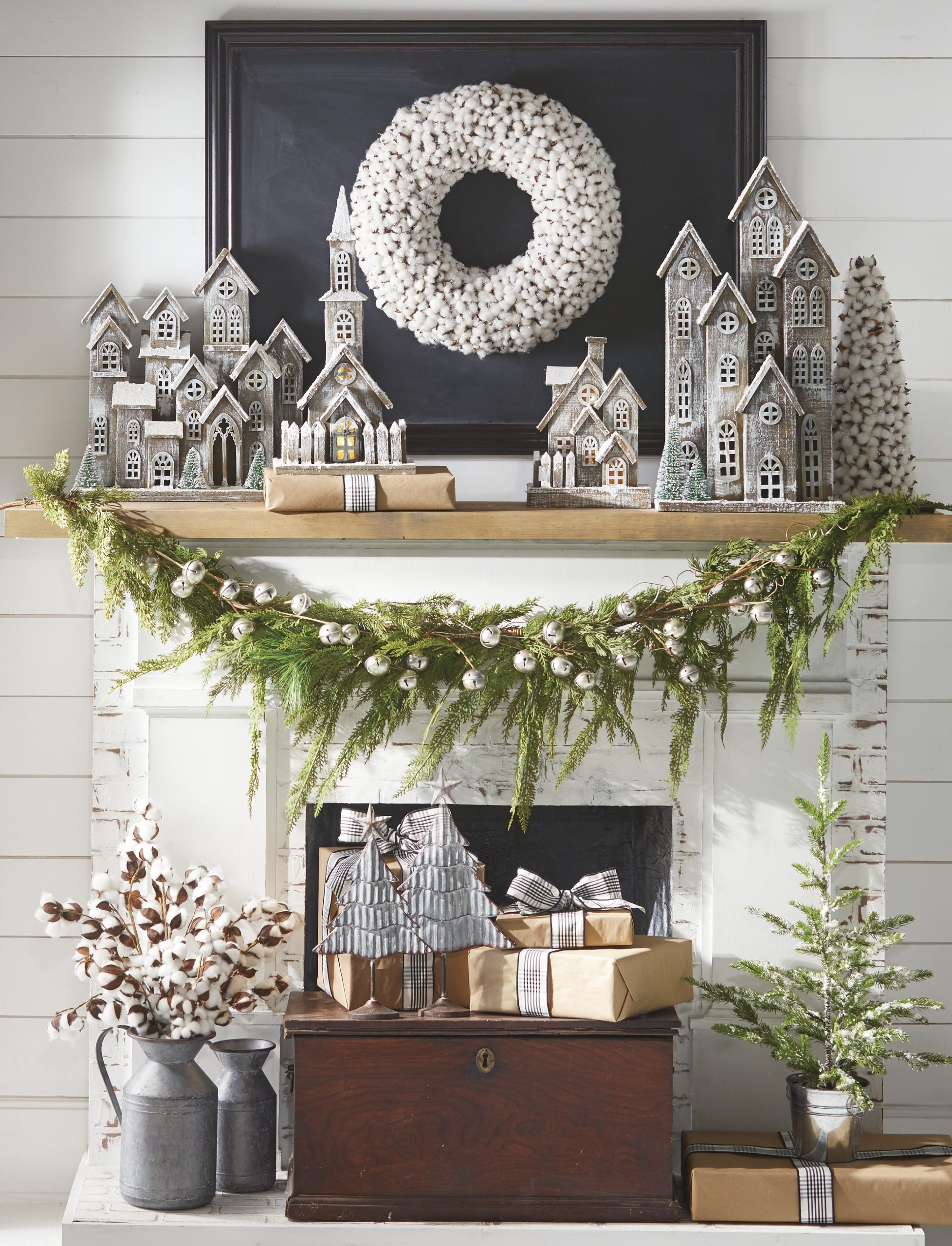 Whimsical Mantel with Charming Village Scene and Cotton Wreath — Christmas Mantel Decor