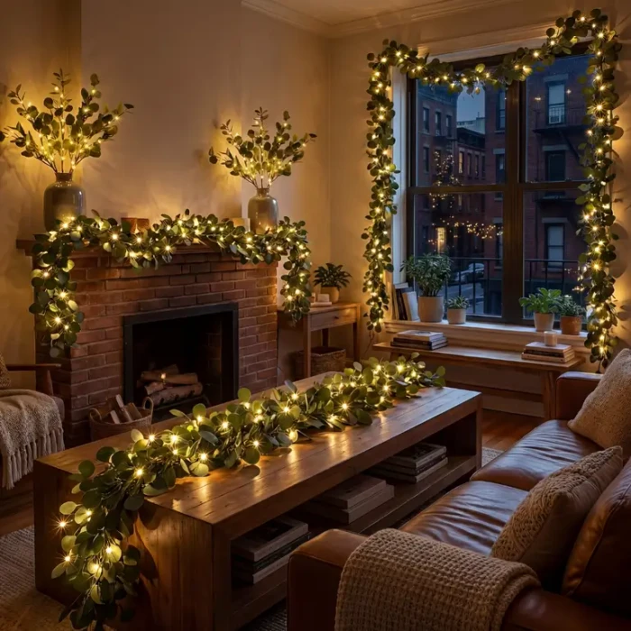 Rustic Charm: Eucalyptus Garland with Integrated Fairy Lights — Christmas Fairy Lights Living Room