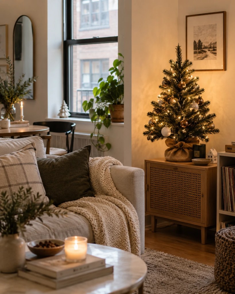Scandi-Minimalist Tree on a Wood Cabinet — Christmas Apartment Decor