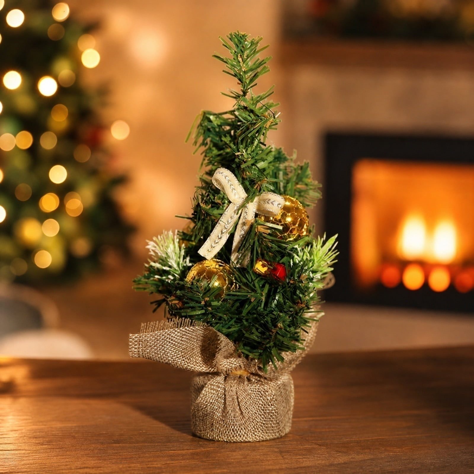 Cozy Miniature Tree with Fireplace Bokeh — Small Christmas Tree Decor