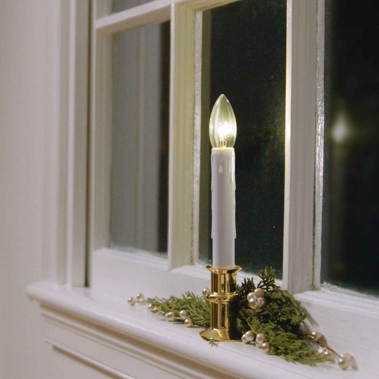 Modern LED Candle with Gold Base and Cedar Greenery — Christmas Window Candles